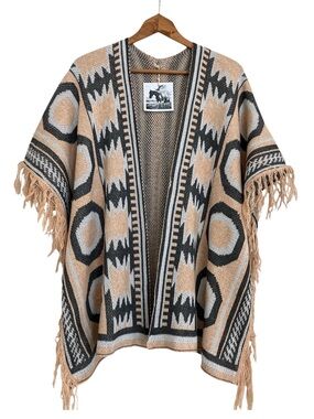 Western Poncho with Tribal Motif in Tan, Charcoal & Cream